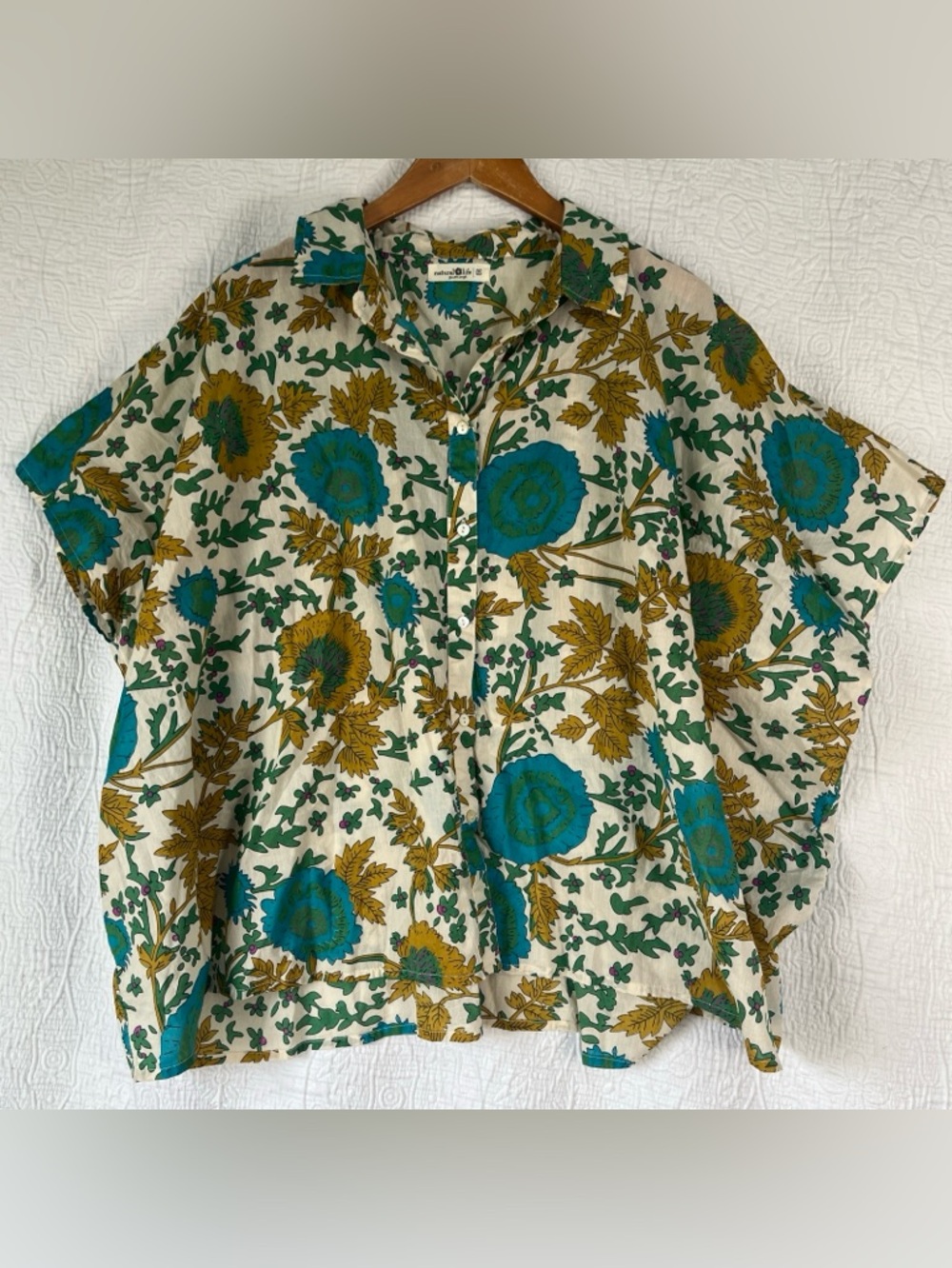 Natural Life Floral All Over Print Cotton Cape Poncho Shirt Blue Green One Size